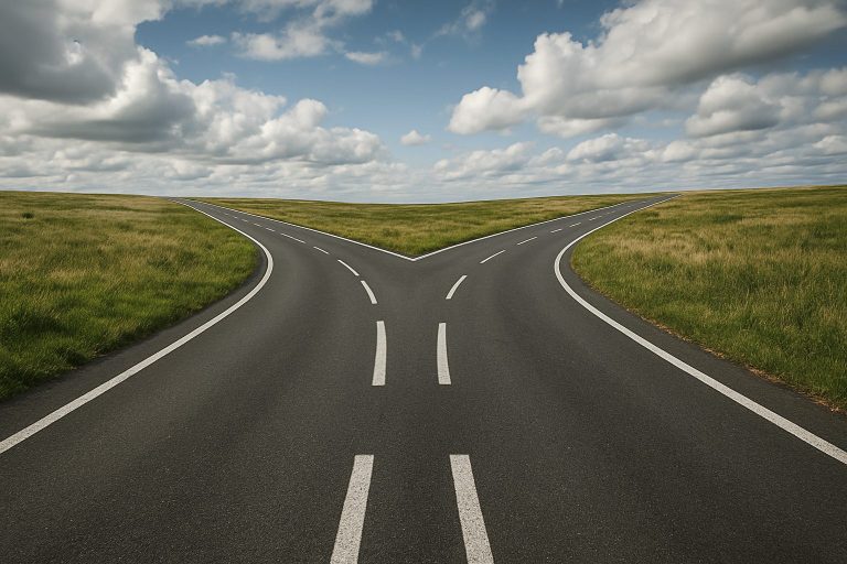 A fork in the road surrounded by green fields under a cloudy sky.