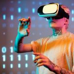A young man interacts in virtual reality wearing a headset with a digital binary background. — Exploring the World of Gratis
