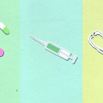 Top view of decorative cardboard appliques representing assorted medications near syringe with vaccine and stethoscope — Find