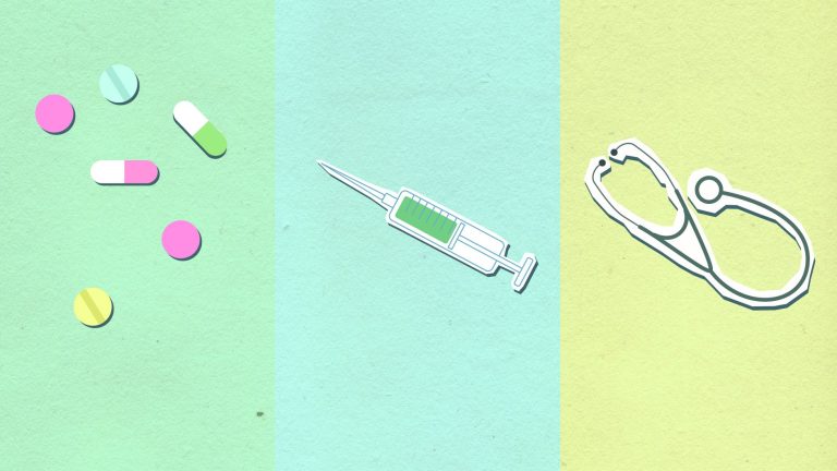 Top view of decorative cardboard appliques representing assorted medications near syringe with vaccine and stethoscope — Find