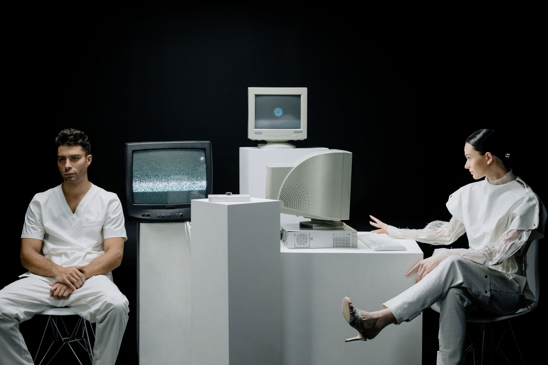 A modern depiction with vintage computers and individuals in a futuristic lab setting. — Is Your Business Compliant with Fire