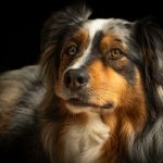 Close-up portrait of a tricolor Australian Shepherd dog with expressive eyes against a dark background. — The Best Health-Con